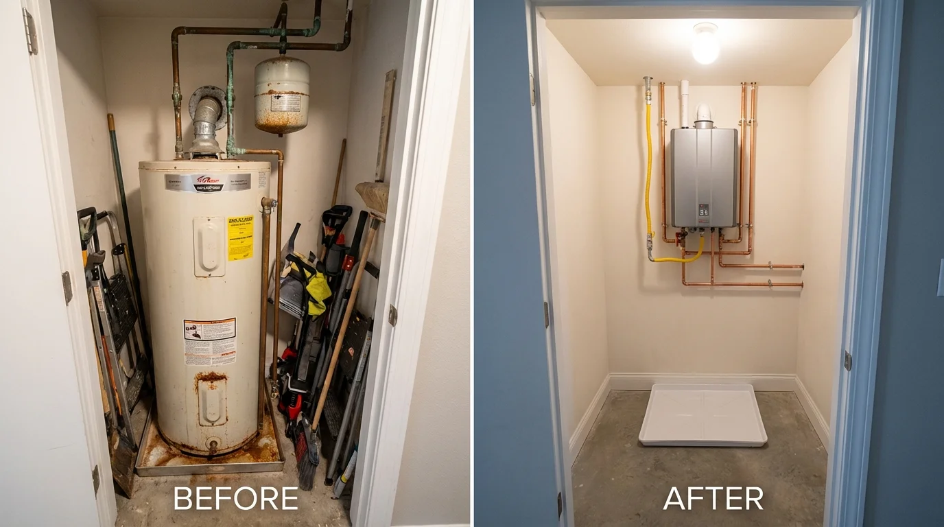 Tank water heater versus wall-mounted tankless unit comparison for San Andreas, CA homeowners