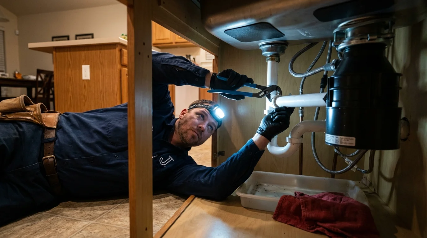 P-trap and supply line connections under a kitchen sink showing a common leak point in San Andreas, CA